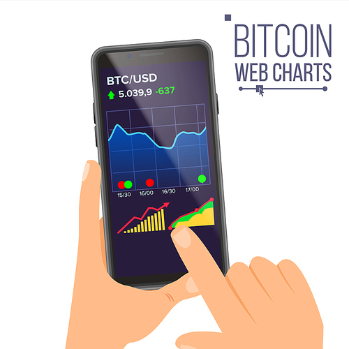 Bitcoin Application Web Charts Vector. Hand Holding Smartphone. Bitcoin Exchange App. Digital Money. Investment Concept.