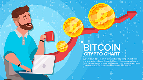 Bitcoin Up Trend, Growth Concept Vector. Trade Chart. Virtual Money Happy Man Investor. Crypto Market Concept. Flat Cartoon Illustration