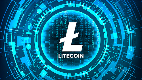 Litecoin Abstract Technology Background Vector. Binary Code. Fintech Blockchain. Cryptography. Cryptocurrency Mining Concept