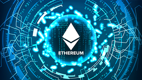 Ethereum Abstract Technology Background Vector. Binary Code. Fintech Blockchain. Cryptography. Cryptocurrency Mining Concept