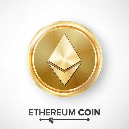 Ethereum Coin Gold Coin Vector. Realistic Crypto Currency Money And Finance Sign Illustration. Etherum Coin Digital Currency Counter Icon. Fintech Blockchain.