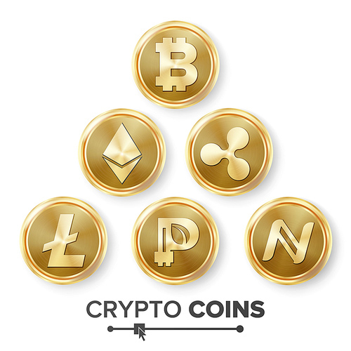 Digital Currency Counter Icon Set Vector. Fintech Blockchain. Famous World Cryptography. Gold Coins. Crypto Currency Money Illustration. Bitcoin, Litecoin, Peercoin, Ripple Coin, Etherum