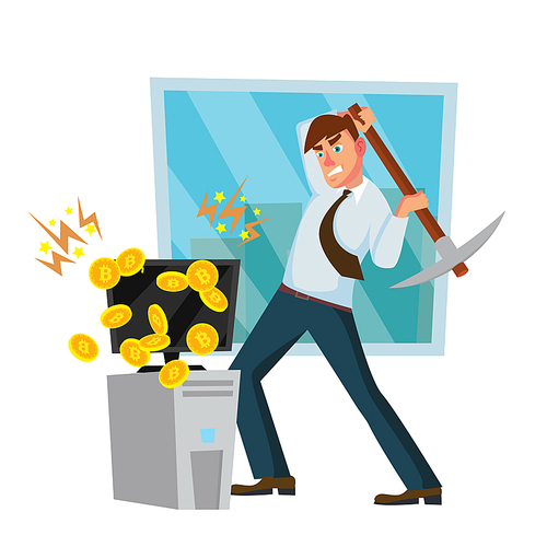 Miner Man Vector. Modern Miner Businessman. Digital Currency. Cartoon Character Illustration