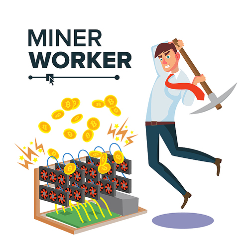 Miner Worker Man Vector. Cryptocurrency Mining Farm. Seeking Financial Success. Isolated Flat Cartoon Character Illustration