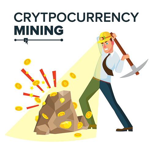 Miner Businessman Vector. Cryptocurrency And Electronic Money. Digging To Get Virtual Coins. Flat Cartoon Illustration