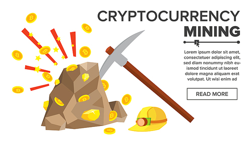 Rock With Gold Coins Vector. Bitcoin Cryptocurrency Concept. Mine, Pick, Helmet. Digging To Get Virtual Coins. Flat Cartoon