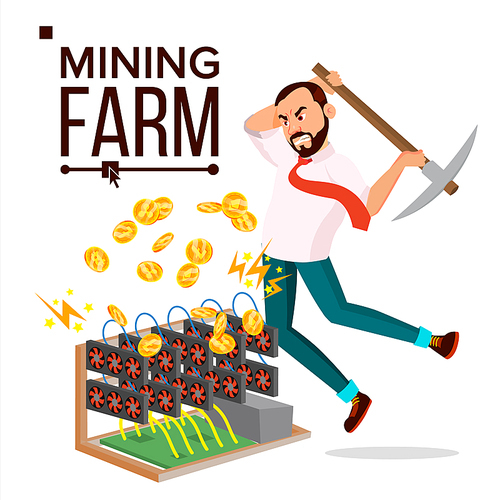 Mining Farm Vector. Businessman Miner. Digital Coin. Component Data. Pay Transaction. Isolated Flat Cartoon Illustration