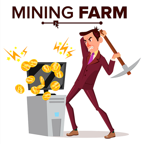 Mining Farm Vector. Businessman Miner. Server Room. Farming Coins. Technology Online. Isolated Flat Cartoon Illustration