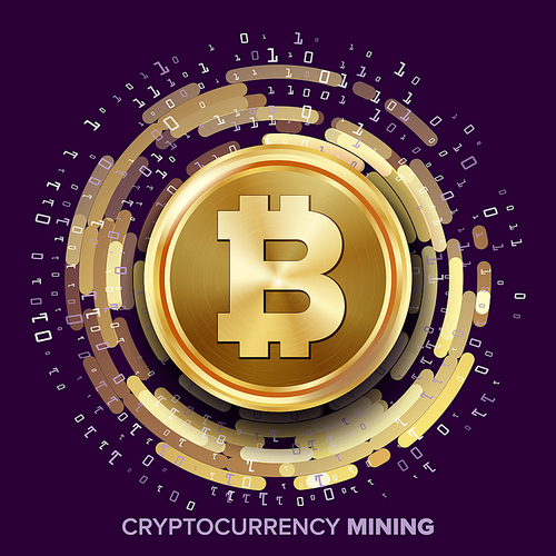 Mining Bitcoin Cryptocurrency Vector. Golden Coin, Digital Stream. Futuristic Money. Fintech Blockchain. Processing Binary Data Arrays Operation. Cryptography,