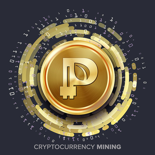 Mining Peercoin Cryptocurrency Vector. Golden Coin, Digital Stream. Futuristic Money. Fintech Blockchain. Processing Binary Data Arrays Operation.