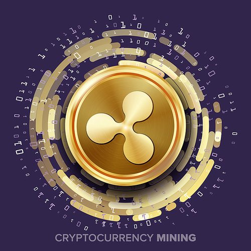 Mining Ripple Cryptocurrency Vector. Golden Coin, Digital Stream. Futuristic Money. Fintech Blockchain. Processing Binary Data Arrays Operation. Cryptography
