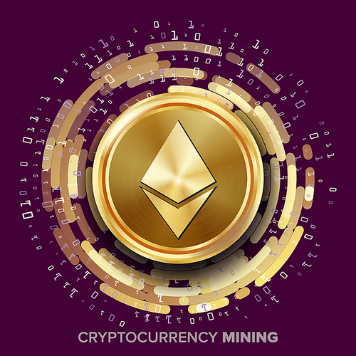 Mining Ethereum Cryptocurrency Vector. Golden Coin, Digital Stream. Futuristic Money. Fintech Blockchain. Processing Binary Data Arrays Operation. Cryptography