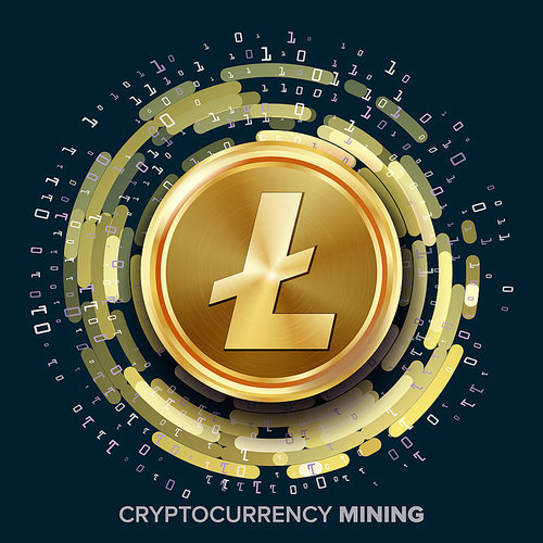 Mining Litecoin Cryptocurrency Vector. Golden Coin, Digital Stream. Futuristic Money. Fintech Blockchain. Processing Binary Data Arrays Operation.