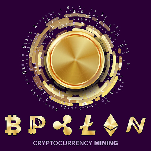 Mining Cryptocurrency Concept Vector. Bitcoin, Litecoin, Ethereum, Ripple, Namecoin, Peercoin Futuristic Money Fintech Blockchain Cryptography
