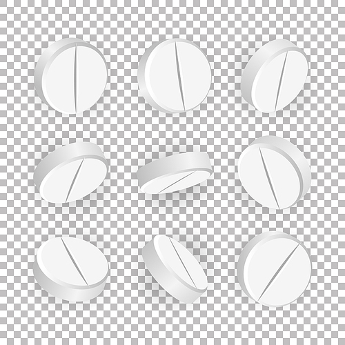 White 3D Medical Pills Or Drugs Vector Illustration. Set Of Realistic Tablets Isolated On Checkered Background. Vitamin