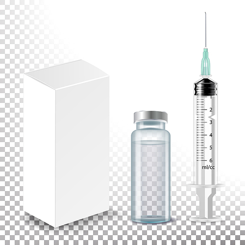 Medical Ampoule, White Package Box, Syringe Vector Realistic