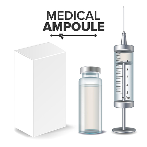 Medical Ampoule, White Package Box, Syringe Vector Realistic