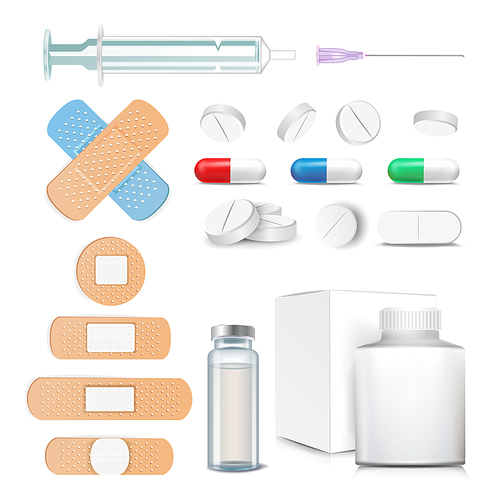 Medical Items Set Vector. Pills, Drugs, Ampoule Syringe Patch Isolated