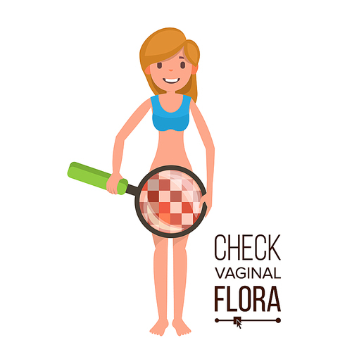 Check Vaginal Flora Vector. Naked Woman With Magnifying Glass. Censored Skin. Body Female Healthcare Venereal Disease Sex Concept.