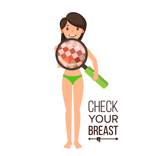 check your breast vector. naked woman, magnifying glass. censored skin. body female healthcare sex concept. oncology, tumor. medical flyer, . check breast cancer isolated