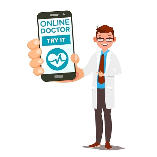 Online Doctor Mobile Service Vector. Man Holding Smartphone With Online Consultation On Screen. Medicine Support. Healthcare App. Isolated Illustration