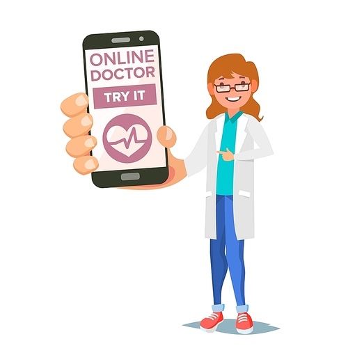 Online Doctor Mobile Service Vector. Woman Holding Smartphone With Online Consultation On Screen. Medicine Support. Healthcare App. Isolated Illustration