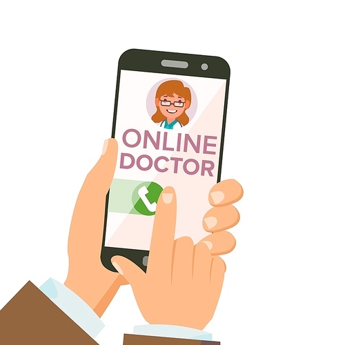 Online Doctor App Vector. Hands Holding Smartphone. Online Consultation. Woman On Screen. Healthcare Mobile Service. Isolated Illustration