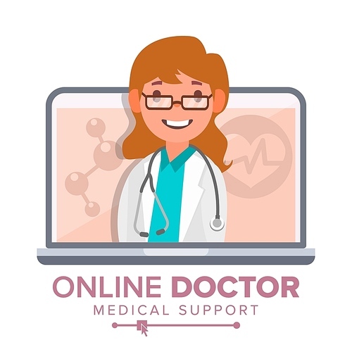 Online Doctor Woman Vector. Medical Consultation Concept Design. Female Look Out Laptop. Online Medicine Support. Isolated Illustration