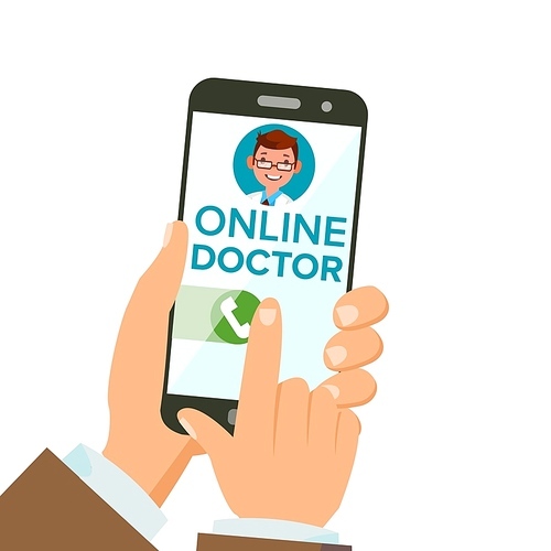 Online Doctor App Vector. Hands Holding Smartphone. Online Consultation. Man On Screen. Healthcare Mobile Service. Isolated Illustration