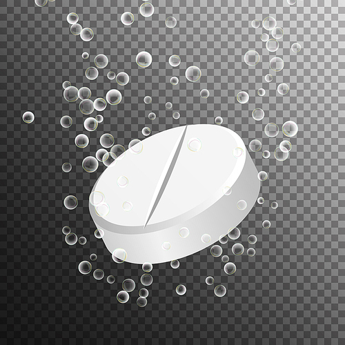 Effervescent Medicine. Fizzy Tablet Dissolving. White Round Pill Falling In Water With Bubbles