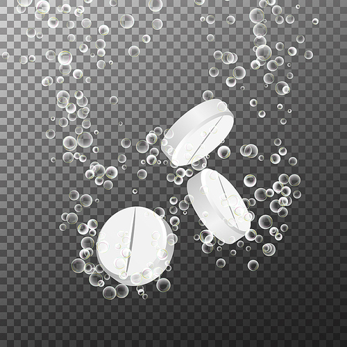 Effervescent Medicine. Fizzy Tablet Dissolving. White Round Pill Falling In Water With Bubbles