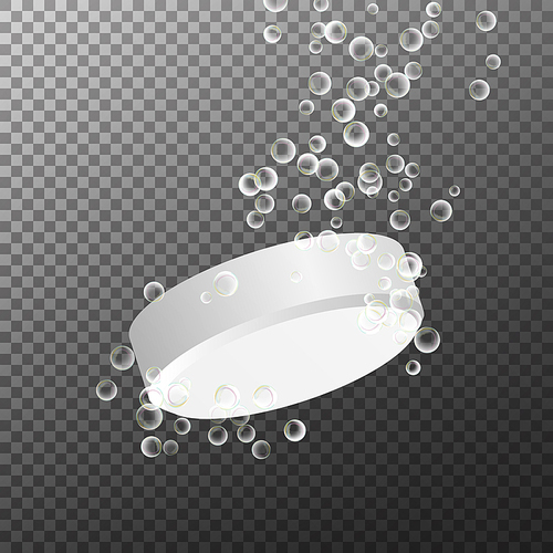 Effervescent Medicine. Fizzy Tablet Dissolving. White Round Pill Falling In Water With Bubbles