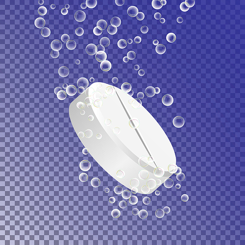 Effervescent Medicine. Fizzy Tablet Dissolving. White Round Pill Falling In Water With Bubbles