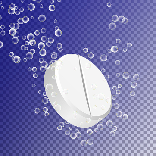 Effervescent Medicine. Fizzy Tablet Dissolving. White Round Pill Falling In Water With Bubbles