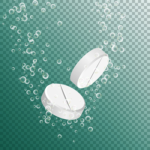 Effervescent Medicine. Fizzy Tablet Dissolving. White Round Pill Falling In Water With Bubbles