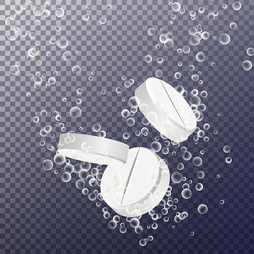 Effervescent Medicine. Fizzy Tablet Dissolving. White Round Pill Falling In Water With Bubbles