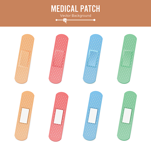 Medical Patch Vector. Two Sides. Adhesive Waterproof Aid Band Plaster Strips Varieties Icons Collection. Realistic Illustration Isolated On White