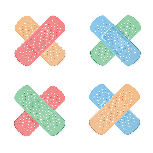 Medical Patch Vector. First Aid Band Plaster Strip Medical Patch Icon Set. Two Sides. Different Plasters Types. Realistic Illustration Isolated On White