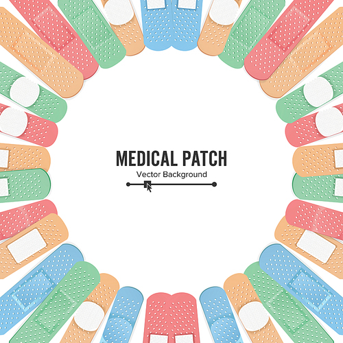 Medical Patch Vector. First Aid Band Plaster Strip Medical Patch Icon Set. Two Sides. Different Plasters Types. Realistic Illustration Isolated On White