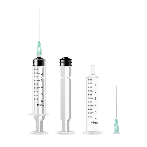 Vector Plastic Medical Syringe For Injection Isolated 3d Realistic Illustration. Transparent Background.