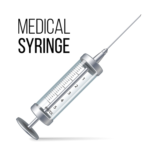 Glass Medical Syringe Isolated Vector. 3d Realistic