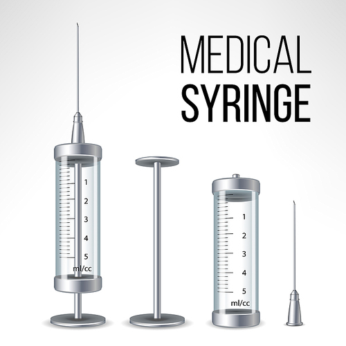 Glass Medical Syringe Isolated Vector. 3d Realistic