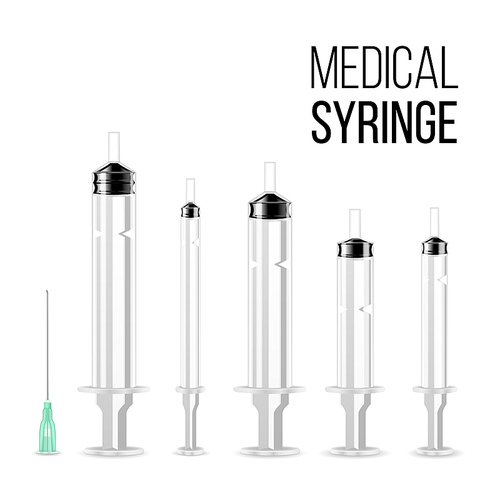 Vector Plastic Medical Syringe For Injection Isolated 3d Realistic Illustration. Transparent Background.
