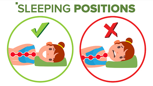 Sleeping Position Vector. Correct Spine Sleeping Position. Neck Pose. Health Body. Orthopedic. Isolated Flat Illustration