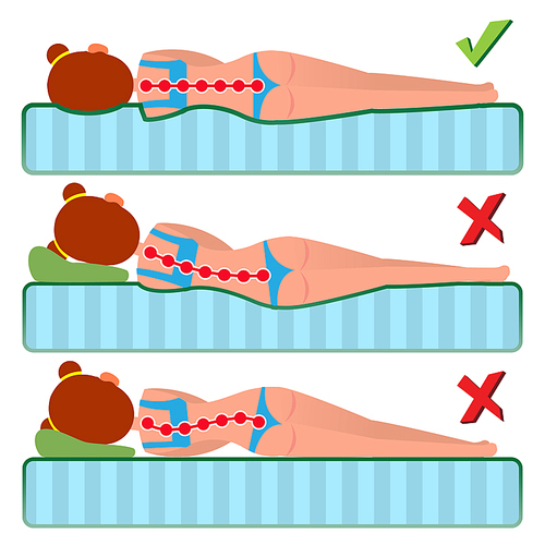 Orthopedic Mattress Vector. Sleeping Position. Correct And Incorrect. Spine Support Pose. Curvature Of Human Spine. Various Mattresses. Isolated Flat Illustration