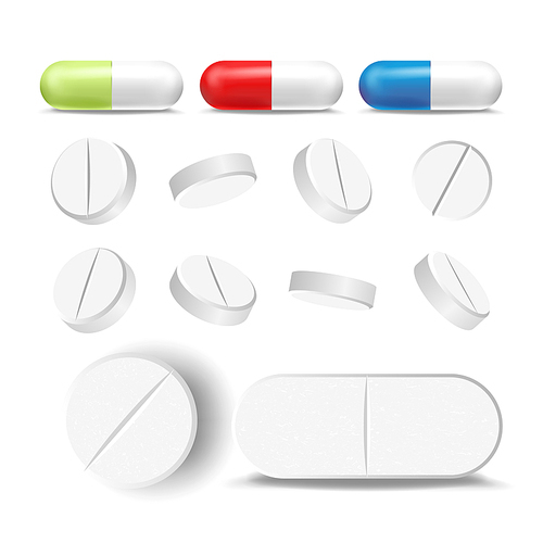 Realistic Pills And Drugs Set Vector. Painkiller, Pharmaceutical Antibiotics. Isolated Illustration