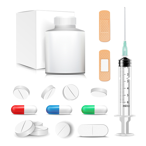 Capsule Pills And Drugs Set Vector. Pharmaceutical Drugs And Vitamin. Syringe, Patch. Antibiotic And Vitamin Pill. Medical Plastic Bottle With Cardboard Packaging