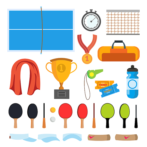 Table Tennis Icons Set Vector. Table Tennis Accessories. Racket, Net, Ball, Table Isolated Illustration