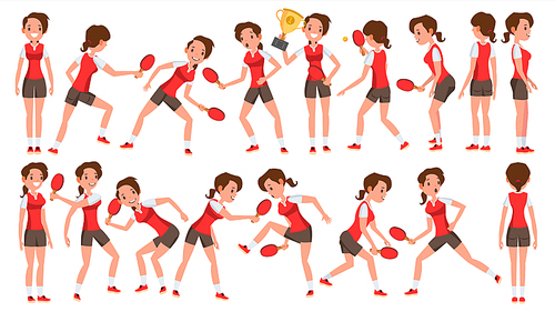 Table Tennis Female Player Vector. Game Match. Silhouettes. Playing In Different Poses. Woman. Athlete Isolated On White Cartoon Character Illustration