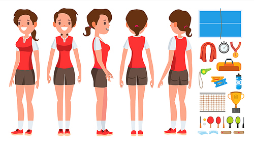Table Tennis Player Female Vector. Receives The Ball. Stylized Player. Isolated Flat Cartoon Character Illustration